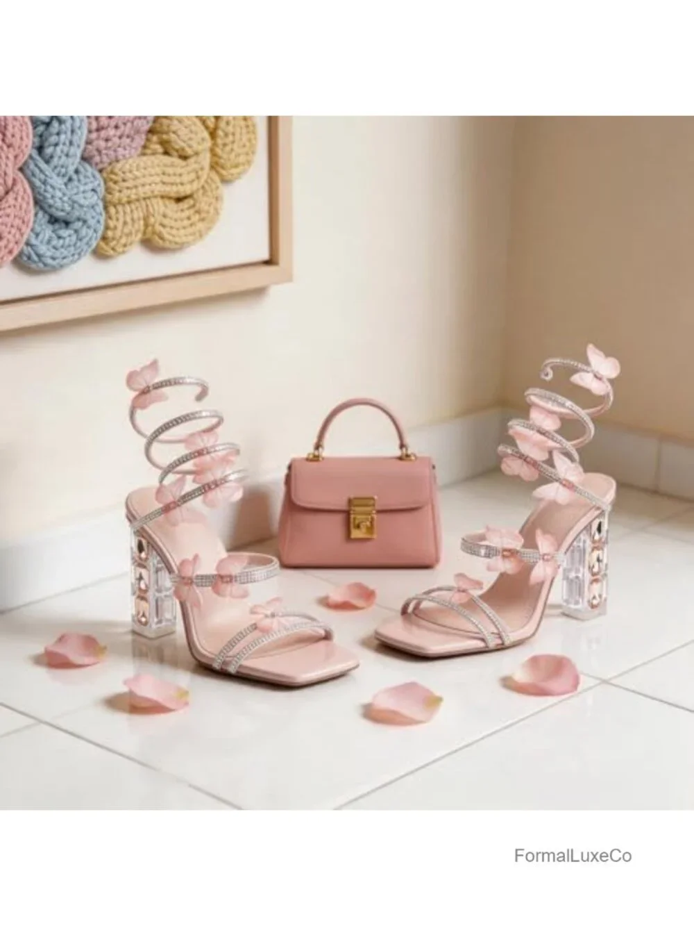 Square Toe Rhinestone Butterfly Prom Sandals Heels